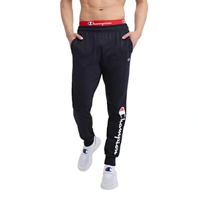 Image of Champion Men&#039;s Joggers, Lightweight Lounge, Jersey Graphic Pants, 31&quot; Sweatpants, Navy Script, Small