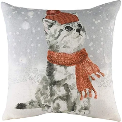 Image of Evans Lichfield Snowy Cat with Scarf Cushion Cover, Multi, 43 x 43cm