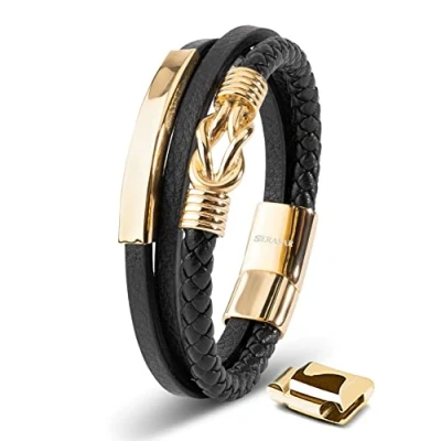 Image of SERASAR Men Bracelets 23cm Gold Gift Box Genuine Leather Cowhide Braided Adjustable Magnetic Clasp Multi Layer Wrap Jewellery Rope Man Mans Male Mens Band Accessories