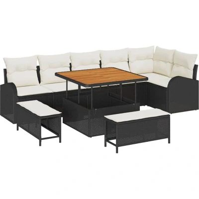 Image of vidaXL 9 Piece Garden Sofa Set with Cushions Black Poly Rattan Acacia