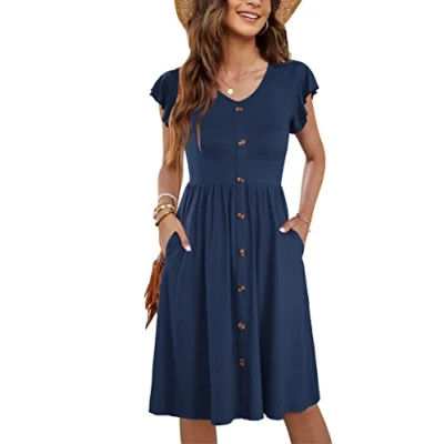 Image of MOLERANI Women Summer Dresses Ruffle Sleeve V Neck Casual Swing Elastic Waist Midi Dress with Pockets Pure Navy Blue L UK16