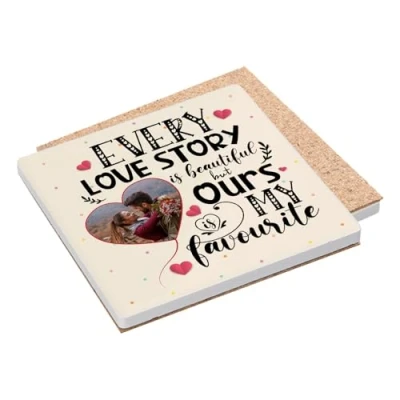 Image of Personalised With ANY IMAGE Every Love Story Is Beautiful, Gift for Boyfriend, Girlfriend, Husband, Wife, Anniversary Present, Tableware, Coffee/Tea/Drink Coaster. (Ceramic Coaster)