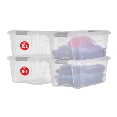 Image of Iris Ohyama Storage Boxes with Lids, 15L, Set of 4, Silver, Secure Buckles, Stackable, Pull Handles, For Bedroom, Closet, Office, Organisation, BPA Free Plastic, Clothes Tote, NTB 15