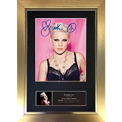 Image of PINK No2 Signed Autograph Mounted Photo Reproduction PRINT A4 Rare Perfect Birthday (297 x 210mm) #727 (Gold Frame)
