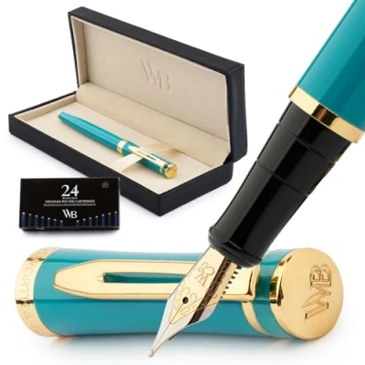 Image of Wordsworth &amp; Black Fountain Pen Set, 18K Gilded Medium Nib, Includes 24 Pack Ink Cartridges, Refill Converter Gift Box, Gold Finish, Calligraphy, [Turquoise Gold], Perfect for Men Women