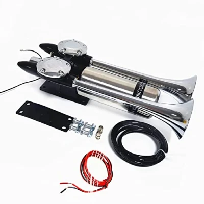 Image of YIYIDA car horn boat Air 170DB Truck ship Silver Stainless Steel Tank Prolong the sound loud Double tube Speaker suitable for 12V 24V lorry train etc