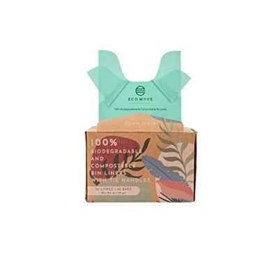 Image of ECO WAVE 100% Biodegradable and Compostable Bin Liners, 50 litres, 40 Bags, EN 13432 Certified