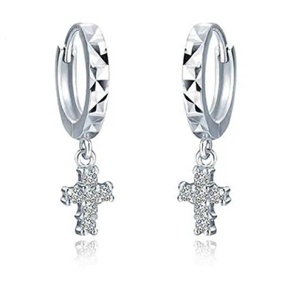 Image of Belons Cross Hoop Earrings 925 Sterling Silver Cubic Zirconia Huggie Hinged Dangle Drop For Women Girls