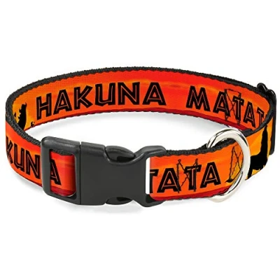 Image of Buckle Down Plastic Clip Collar Lion King HAKUNA MATATA Sunset Oranges/Black 1&quot; Wide Fits 11 17&quot; Neck Medium