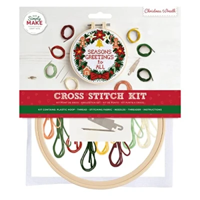 Image of Simply Make Cross Stitch Kit Christmas Wreath Design for Kids and Adults, Including Hoop, Embroidery Thread, Fabric Needle Perfect Adult Crafts Beginners Starter Craft