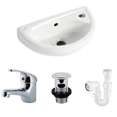 Image of Small Compact Tiny Bathroom Cloakroom Basin Sink Wall Hung Curved with Fixings, tap, Waste, and Trap