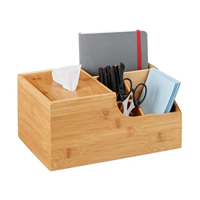 Image of Relaxdays Office Organizer, Desk Supplies Or Make Up, 4 Compartments &amp; Tissue Dispenser Box, Bamboo, 14x29x19.5 cm, Natural
