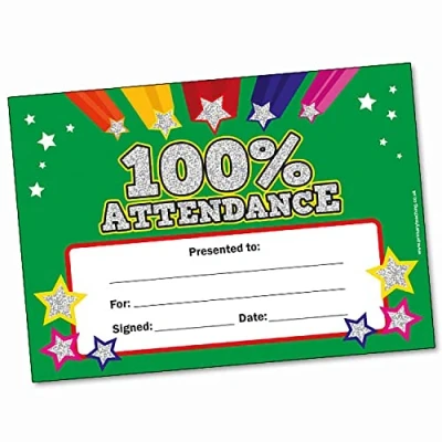 Image of 40 Holographic Sparkly 100% Attendance Award Childrens Pupils Motivational Reward School Certificates A5 Primary Teaching Services