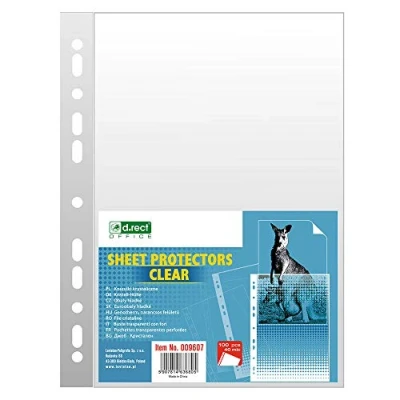 Image of D.RECT Punched Pockets, A4 Size 40 Micron Pack of 100 Units Transparent Smooth, Polypropylene Pockets Quality