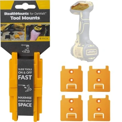 Image of StealthMounts Tool Holders for DeWalt MAX + XR Flexvolt Cordless Mounts 18v 20v 54v 60v Power Tools 4 Pack Yellow Organizer