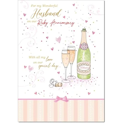 Image of doodlecards Husband Ruby 40th Wedding Anniversary Card Champagne Large A4 Size with Plain Envelope
