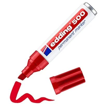 Image of edding 500 permanent marker red 10 pens chisel tip 2 7 mm waterproof, quick drying, smear proof for cardboard, plastic, wood, metal, glass and fabric