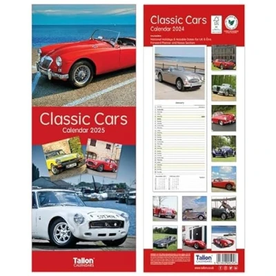 Image of 2025 Super Slim Month to View Spiral Bound Hanging Wall Calendar Home Office (Classic Cars)