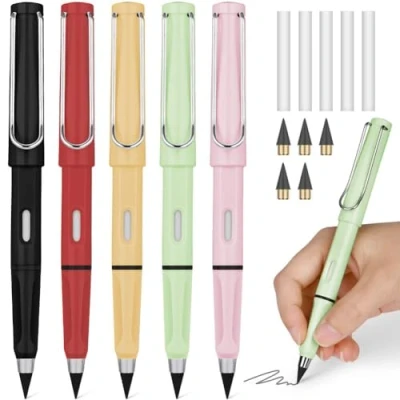 Image of OFFCUP Inkless Pencils, 5pcs Everlasting Pencil, Portable No Ink Pen with Replaceable Graphite Nib and White Eraser for Student Artist Writing Drawing or Office (Black/Red/Pink/Yellow/Green)