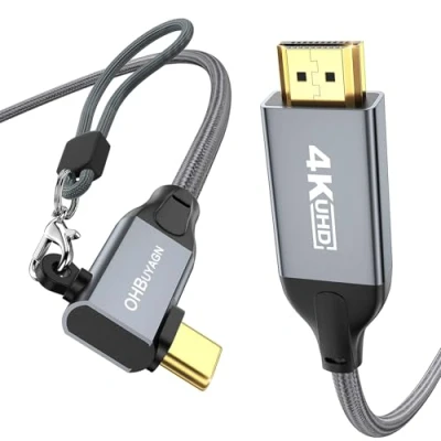 Image of OHBUYAGN USB C to HDMI Cable 4K@60Hz,Right Angle UHD Thunderbolt 3/4 Cable,Compatible with iPhone 15 Series, MacBook Pro/Air, Mac Mini, iPad Pro/Air/Mini,Surface,XPS,Galaxy etc（2M）