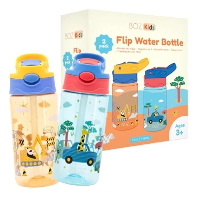 Image of BOZ Flip Water Bottles for Kids 2 Pack Boys&#039; Cars &amp; Construction Designs, 14 oz, Push Button Pop Up Straw, Dishwasher Safe, Toddler Leak Proof Bottle