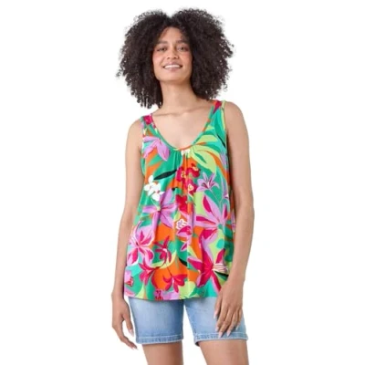 Image of Roman Womens Tropical Print V Neck Stretch Vest Orange Size 10 UK