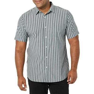 Image of Amazon Essentials Men&#039;s Slim Fit Short Sleeve Poplin Shirt, Navy Stripes, XL