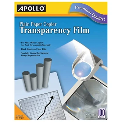 Image of Apollo Transparency Film for Plain Paper Copier, Black on Clear Sheet, Without Stripe, 100 Sheets/Pack (VPP100CE)