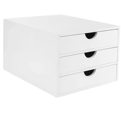 Image of Woodluv 3 Drawer Bamboo Home Office Desktop Tidy A4 Sturdy Stationary Storage Organiser Unit, White W25 X D33 H18.5cm
