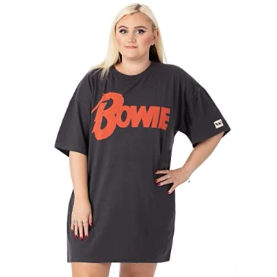 Image of David Bowie Womens T Shirt Dress Charcoal Grey with Classic Band Logo Oversized Graphic Tee for Ladies Rebel Song Album Outfit Pop Rock Concert Gig Top Festival Merchandise Gift