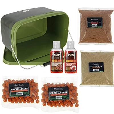 Image of DNA NGT Carp Coarse Fishing Bait Bucket Set Includes 5L with 2x Packs of Boilies, Groundbait and 50ml Liquid Booster (Mixed Flavours)