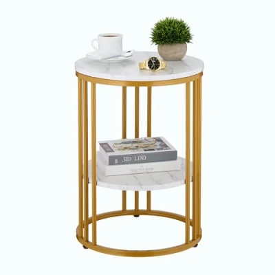 Image of Side Table, Marble Effect, 2 Tiers, HxD: 56 x 40 cm, Living Room, Coffee Rest for Sofa, Decor, White/Gold Relaxdays