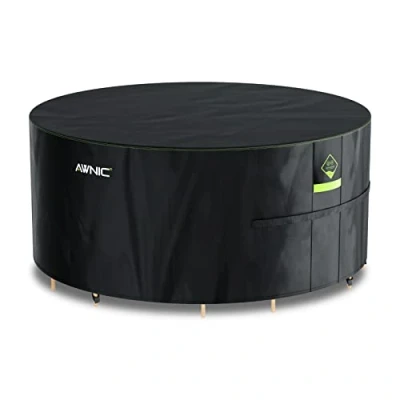 Image of AWNIC Garden Furniture Cover Waterproof with Hooks Heavy Duty 420D Oxford, Windproof Anti UV Outdoor Patio Table Covers Air Vent Hot Tub Pool Cover, Round Black (Ø250*71cm)