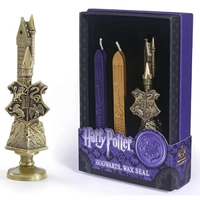 Image of The Noble Collection Harry Potter Hogwarts Wax Seal 6.5in (16.5cm) Die Cast Metal Stamp and Coloured Purple Gold Set Officially Licensed Film Movie Props Gifts Stationery