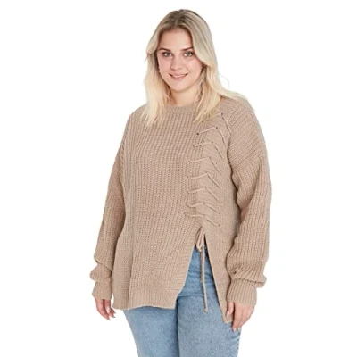 Image of Trendyol Women Plus Size Relaxed fit Shift Crew Neck Knitwear Jumper Beige
