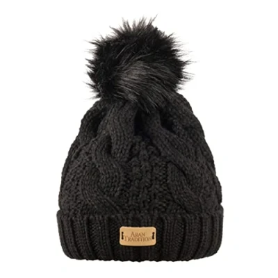 Image of Aran Traditions Knit Faux Fur Pom Bobble Hat, Winter Beanie, Black Woolly Unisex Beanie Hat