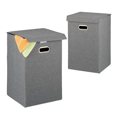 Image of Relaxdays Set of 2 Laundry Baskets, Folding Washing Hamper with Lid, Clothes Bin, 62 L, 55.5 x 35.5 cm, Grey