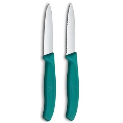 Image of Victorinox Swiss Classic Green 8cm Serrated/Straight 2 Piece Pointed Tip Paring Knife Box Set