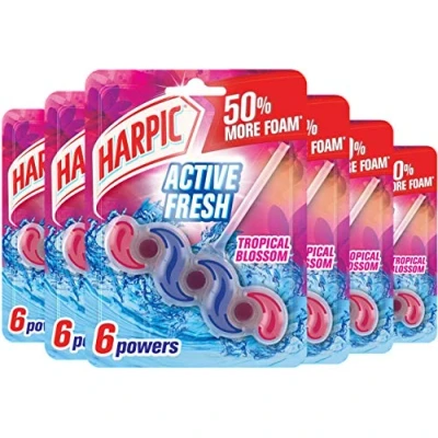Image of Harpic Active Fresh Toilet Rim Block, Tropical Blossom, Pack of 6 , Anti Limescale, Dirt Remover, Lasts up to 30 weeks and 1250 flushes, Cleaner, Freshener