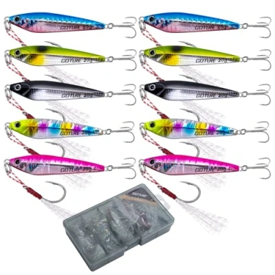 Image of Goture Fishing Jigs, Jig Lures with Assist Hook and Treble Hook, 20g 10Pcs Vertical Saltwater Freshwater, Jigging Spoon Tackle Box, for Tuna,Salmon,Bass