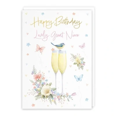Image of Hunts England Great Niece Champagne Flutes Pretty Birthday Card Luxury Gold Foil Milo&#039;s Gallery Butterflies, Hearts, Flowers Female For A5 Size