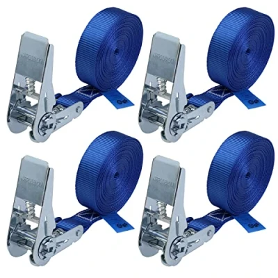 Image of Lashing Strap with Ratchet 4 Pack tie Down Straps tensioning Belts Heavy Duty Adjustable Blue m or 6 m, Wide 25 mm loadable up to 800 kg DIN EN 12195 2, Pieces 2.5 cm x