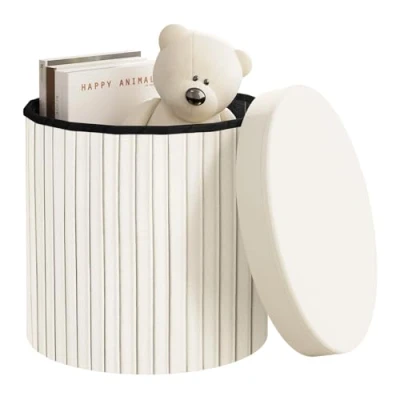 Image of WOLTU Round Stool with Storage Space, Lid, Seat Box Foldable Chest, Upholstered Stool, Chest Padded, Made of Velvet, MDF, Diameter 38 x H 36 cm, Cream