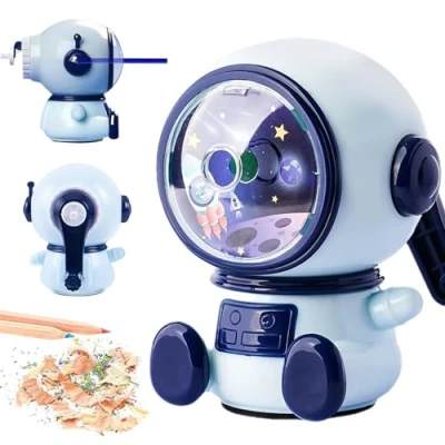 Image of Astronaut Cartoon Pencil Sharpener, Sharpener with Crank and Container, Manual Adjustable for Children&#039;s Office Classroom (Three Level Adjustable)
