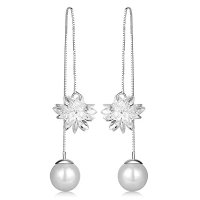 Image of Infinite U Women&#039;s Girl&#039;s Earrings, 925 Sterling Silver Pearl ear wire, Ice Flower Crystal Threader Long Drops Dangles Pull Through Silver, gift for birthday and christmas