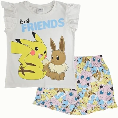 Image of Pokémon Pikachu &amp; Eevee Frilled Sleeves Girls 100% Cotton Short Pyjama Set 11 12 Years