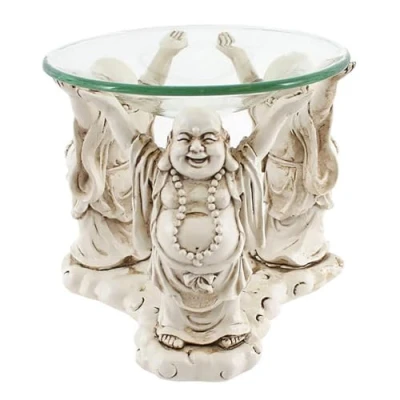 Image of Something Different Wholesale Whimsical White Resin Buddha Oil Burner 12cm x (1 Pack) Enchanting Laughing Trio Design Perfect for Home &amp; Decor