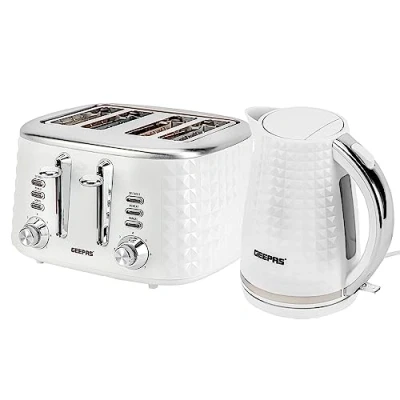 Image of Geepas 4 Slice Bread Toaster &amp; 1.7L Cordless Electric Kettle Combo Set with Textured Design 1750W Toastie Machine 7 Browning Control 2200W Auto Shut Off Boil Dry Sensor White