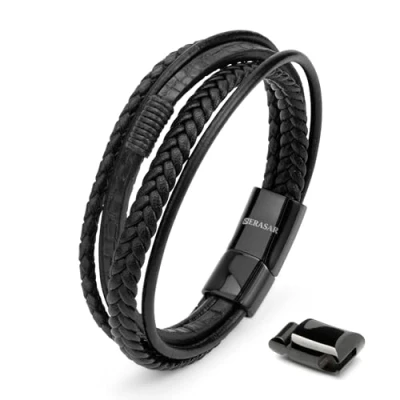 Image of SERASAR Mens Original Leather Bracelet 20cm Black Men Gift Box Genuine Braided Adjust Able Magnetic Clasp Multi Layer Wrap Man Mans Bracelets Jewellery Magnet Accessories
