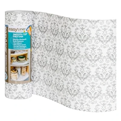 Image of Smooth Top EasyLiner for Cabinets &amp; Drawers Easy to Install Cut Fit Shelf Paper Drawer Liner Non Adhesive Slip Ktichen Pantry 12in. x 24ft. Grey Damask